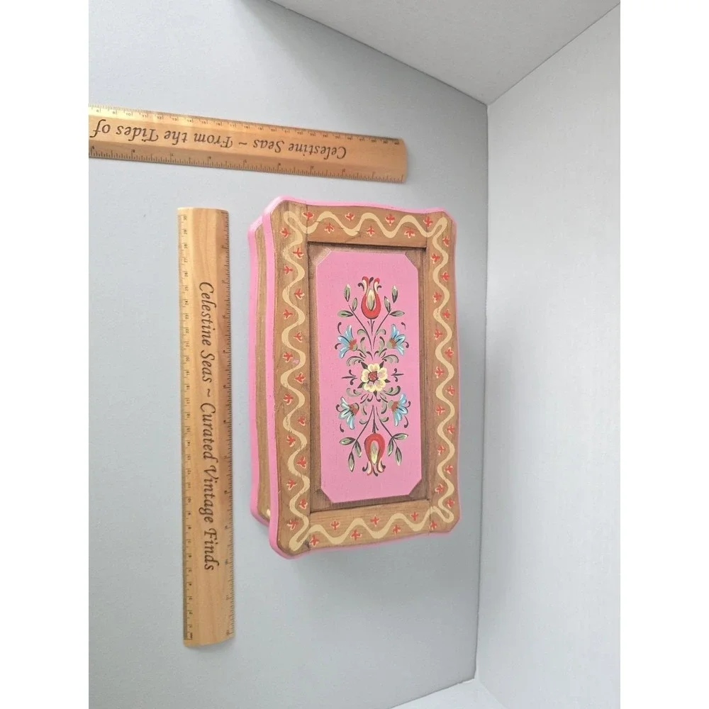 Vintage Hand Painted Wooden Music Jewelry Box Folk Art Floral - Made in Japan